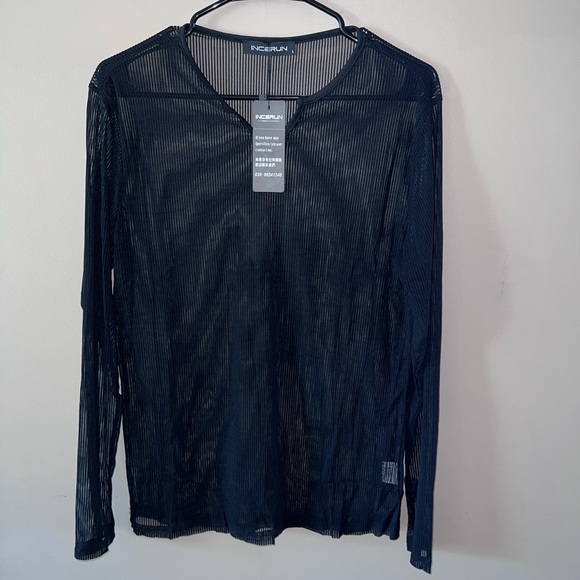 Men's Sheer Mesh See Through Notched V Neck Long Sleeve T Shirt Party Tops - Picture 2 of 7